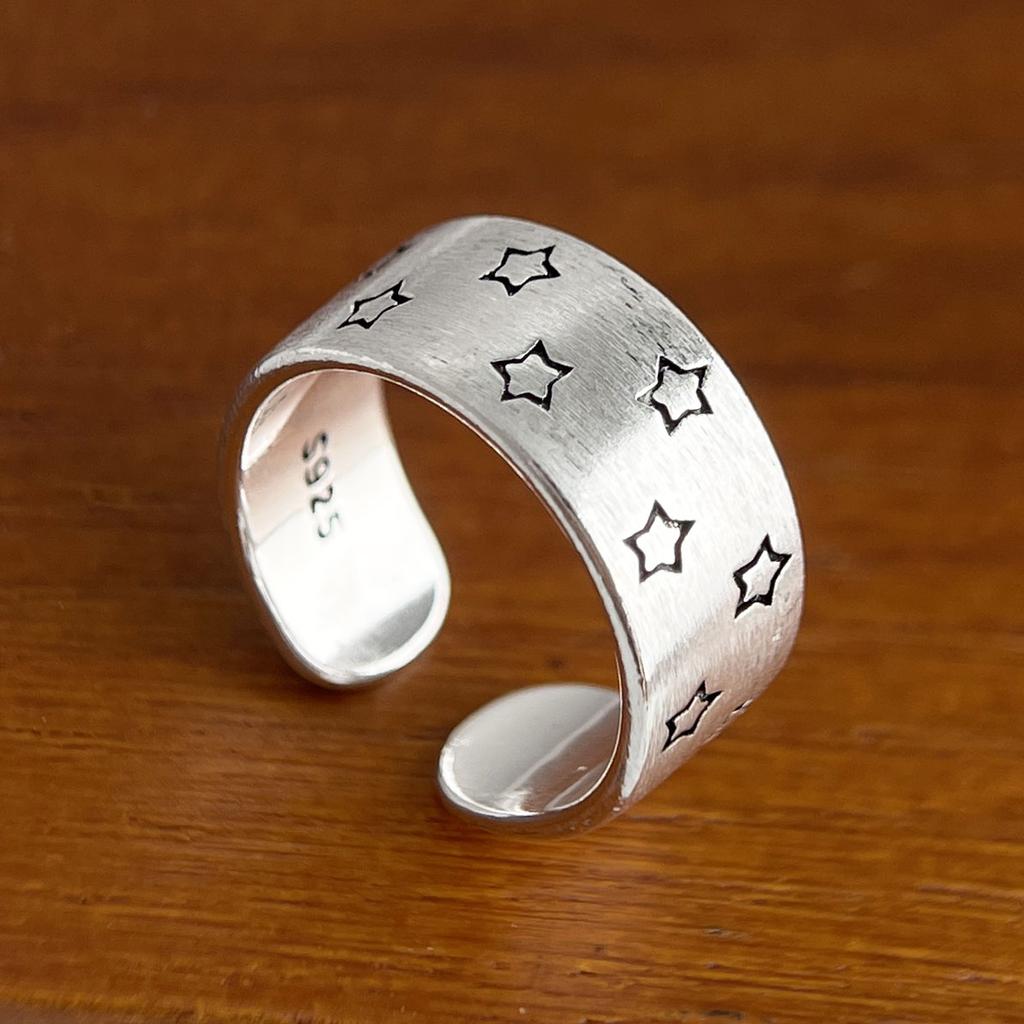 925 Sterling Silver Rings for Women Couple Minimalist Handmade Simple Wide Star Ring Fine Jewelry Gift Prevent Allergy