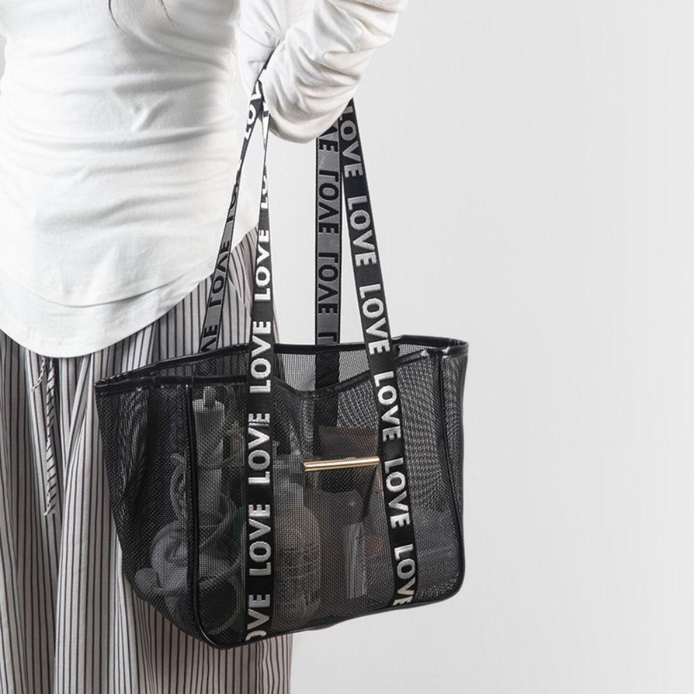 Portable Mesh Shoulder Bag Large Capacity Hollow Makeup Storage Bag Transparent Multifunctional Beach Bags Women
