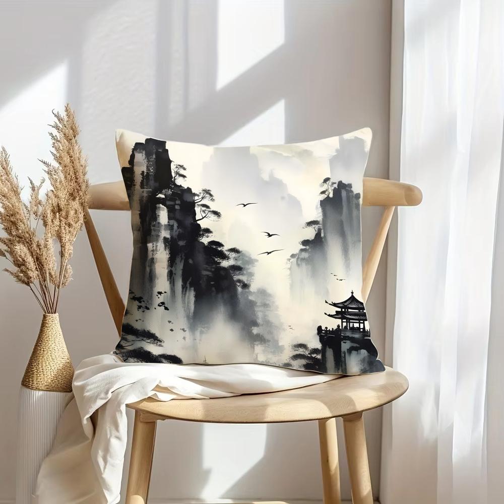 Chinese Ink Style Cushion Cover Soft Plush Throw Pillow Cover | Double-Sided Decorative Cushion Case | Sofa Bedroom Home Decor