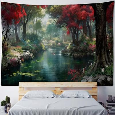 Landschafts-Ölgemälde Wandteppich Wald, Pfau, Schloss, verträumtes Wandbehang-Tuch, Sternenhimmel Sonnenaufgang, Heimkunst-Dekoration