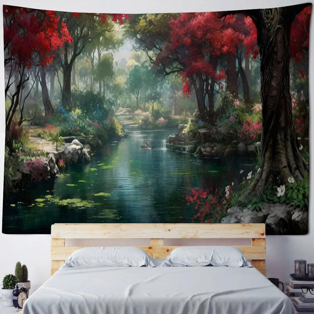 Landscape Oil Painting Tapestry Forest, Peacock, Castle, Dreamy Wall Hanging Cloth, Starry Sky Sunrise, Home Art Decoration