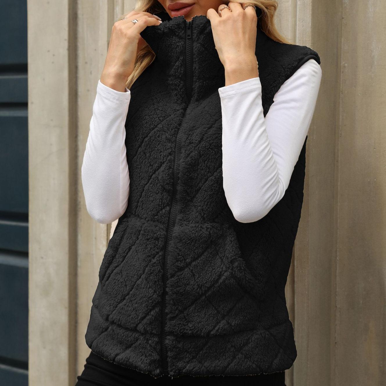 

Женский пушистый флисовый жилет, повседневный теплый жилет из шерпы на молнии с карманами для осени и зимы, безрукавка, уютный кардиган, верхняя одежда для женщин S чёрный