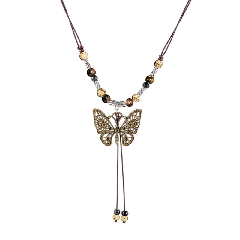Vintage Wax Rope Handmade Ceramics Beads Butterfly Pendant Necklace For Lovers Women Sweater Chain Aesthetic Jewelry
