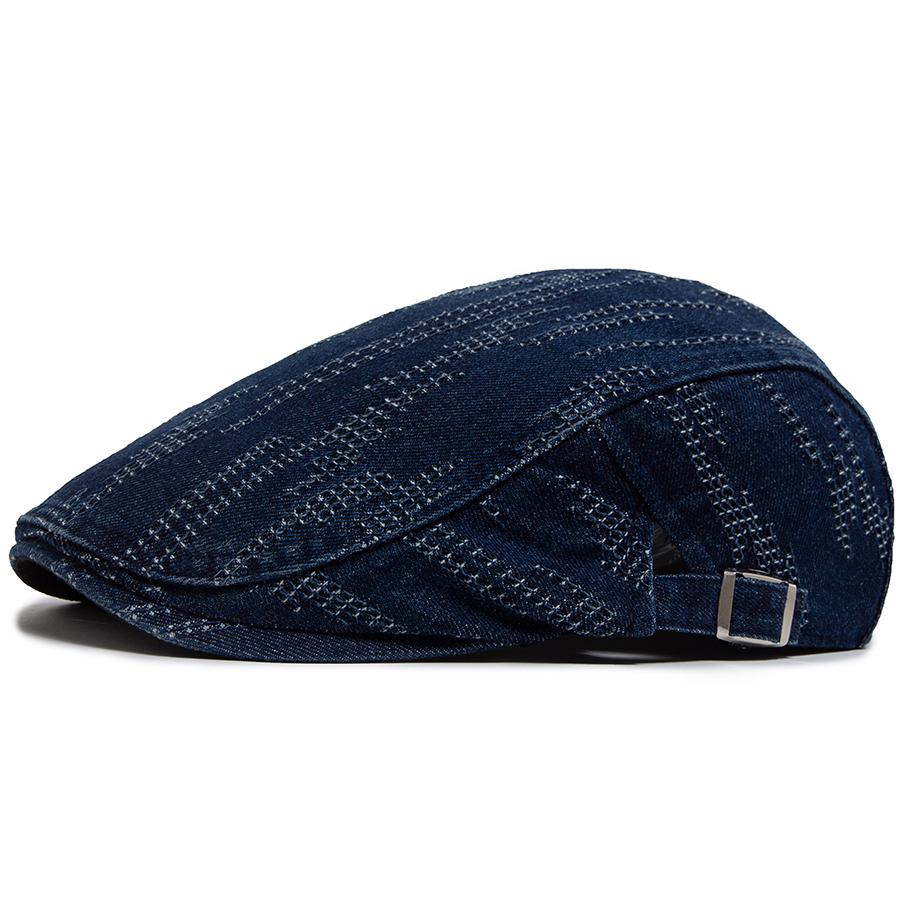 

Denim Vintage Berets Men Women Newsboy Cap Summer Casual Cotton Single Layer Visor Flat Hat Autumn Retro Ripped Beret Unisex темно-синього кольору