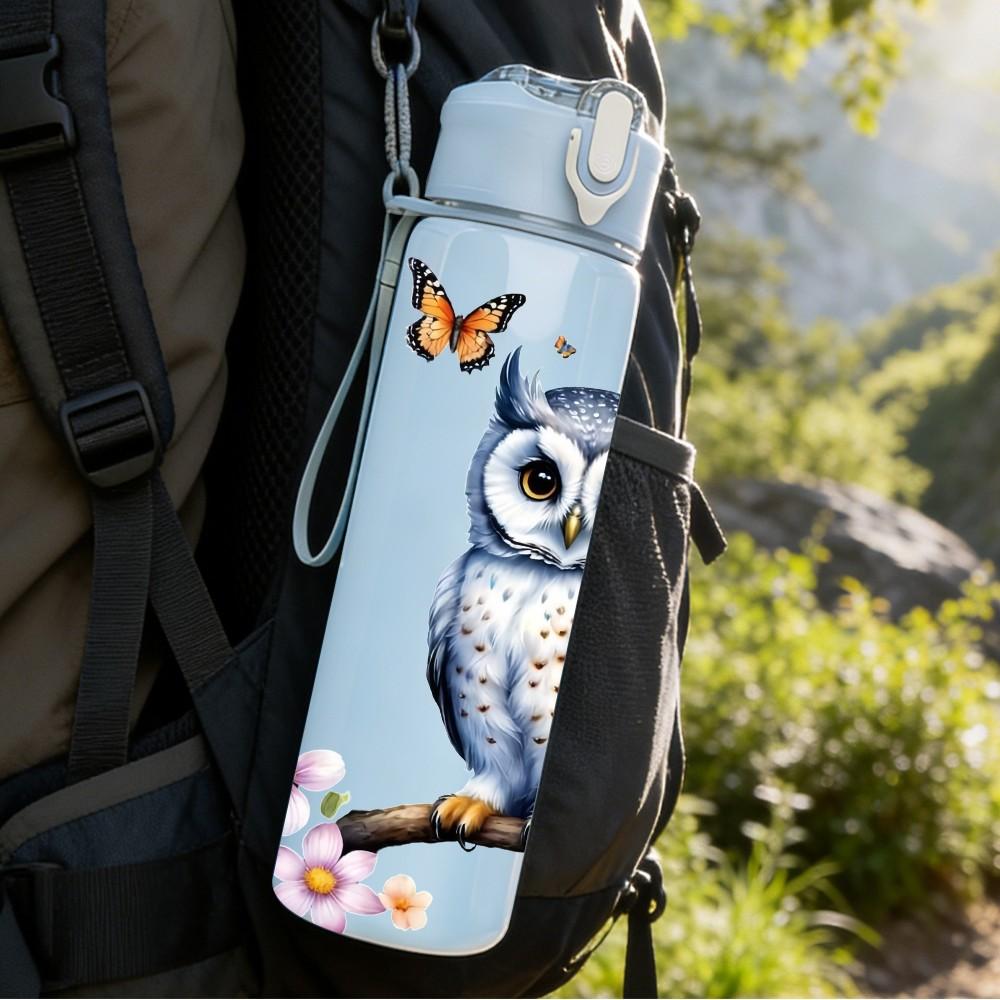 1PC Branch Perched Owl Spring Floral Nature Art 750ml Color Plastic Sports Water Bottle Leakproof Flip Straw Lid Suitable for Sports Office Home Use