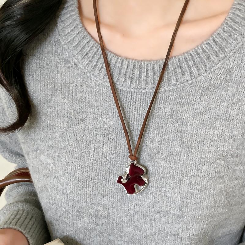Minimalist Plush Pony Pendant Long Necklace For Women Vintage Leather Rope Sweater Chain Jewelry Accessories Gifts