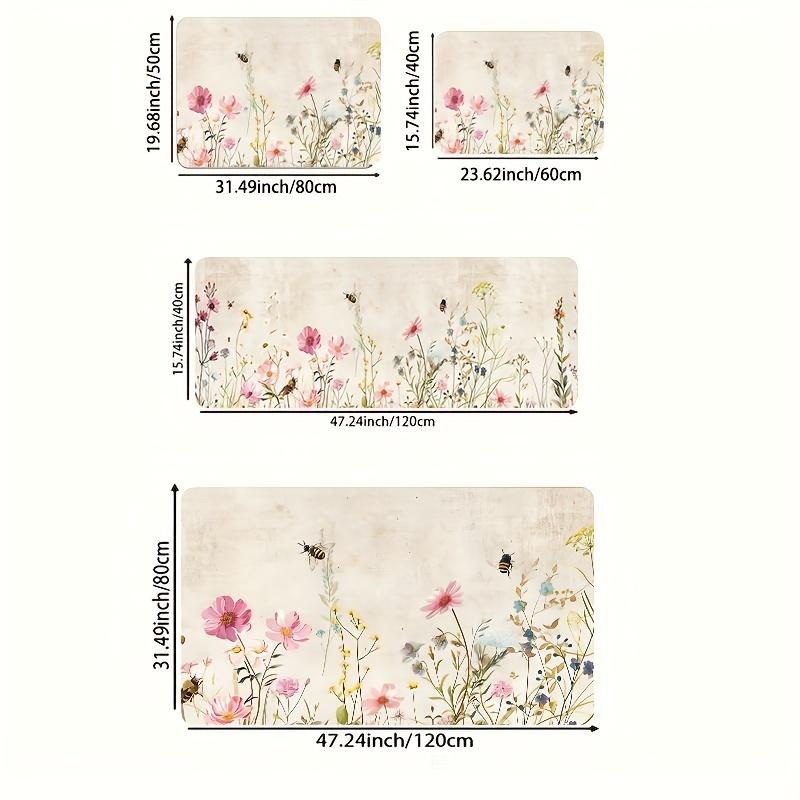 1Pcs Anti Fatigue Kitchen Rugs,Floral and Bee Print Waterproof Non-Slip Thick Cushioned Kitchen Mat Heavy Duty Comfort Standing Mat for Kitchen