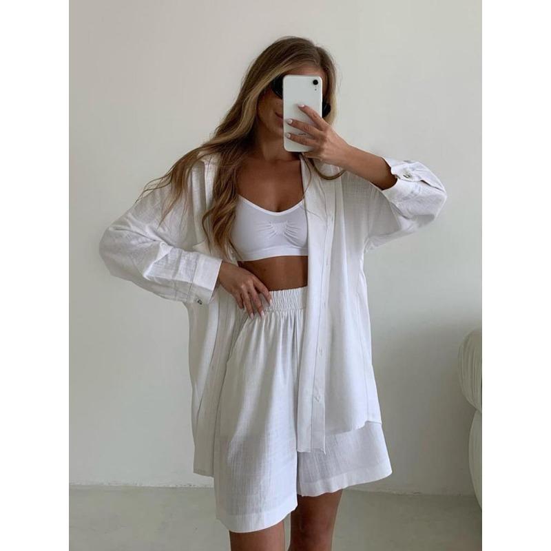 Fashion Long Sleeve Shirt and Loose Wide Leg Shorts Sets Women Buttons Spring Autumn Elastic Waist Casual Shorts Suit Outfits Elegant Clothes 1083