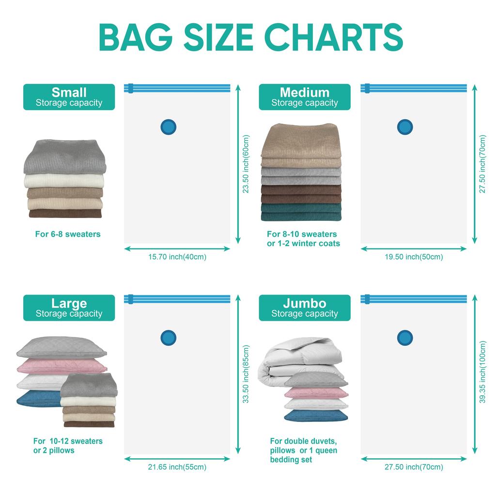 6 Pack Vacuum Storage Bags with Hand Pump Space Saver Vacuum Seal Storage Bags for Clothing Bedding Travel Lugggage Organizer