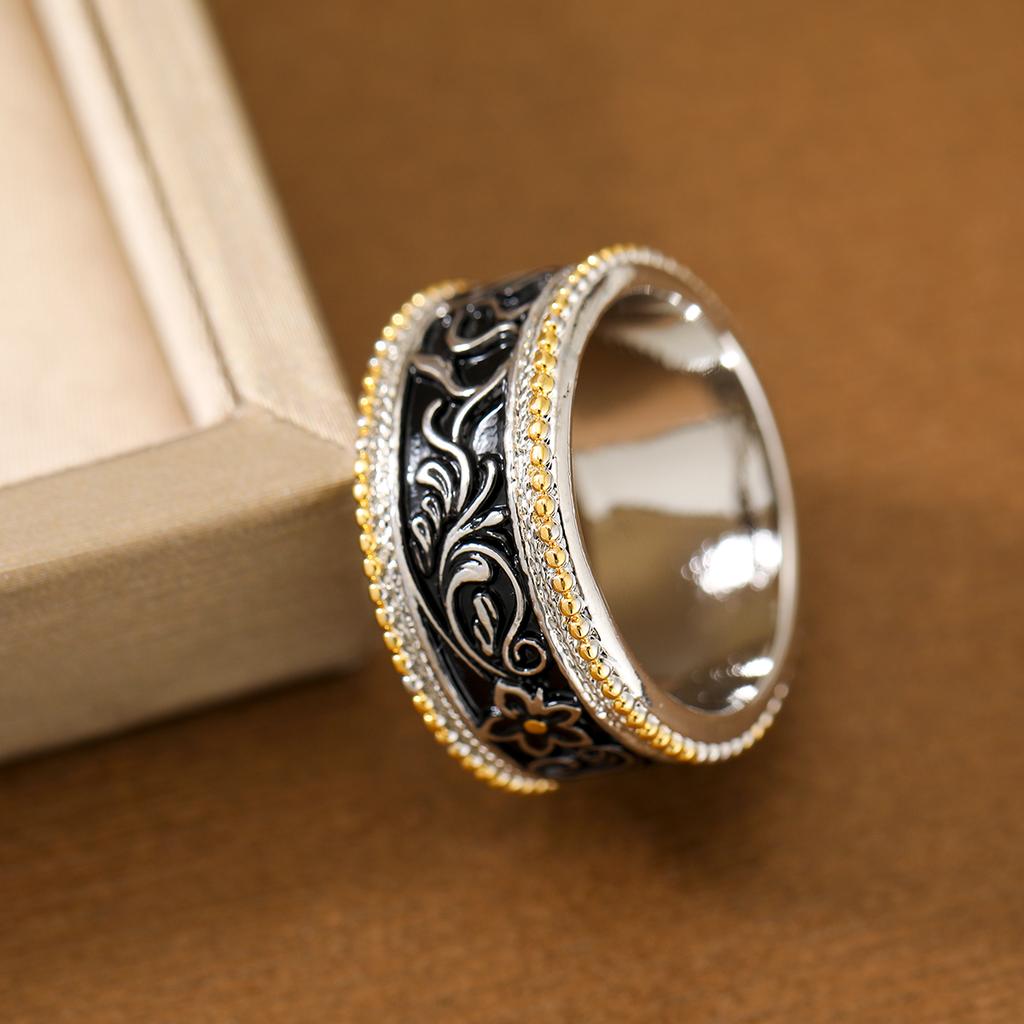Vintage two-color flower carving ring copper material boho ethnic style women's fashion jewelry ring gift accessories