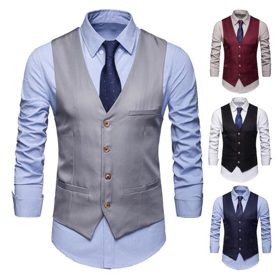 Men Suit Vest Formal Business Style Sleeveless V Neck Slim Fit Cardigan Single-breasted Solid Color Silky Fabric Pockets Groom Wedding Waistcoat
