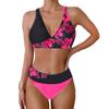 Women's Halter Two Colored Flowers Print Bikini Tankini Swimsuit