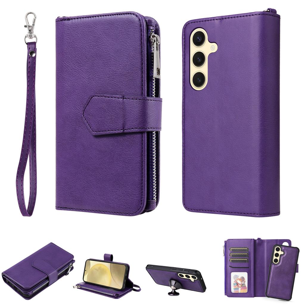 For Samsung Galaxy S25 Magnetic Leather Case Mobile Cover with Detachable Zipper Wallet Strap