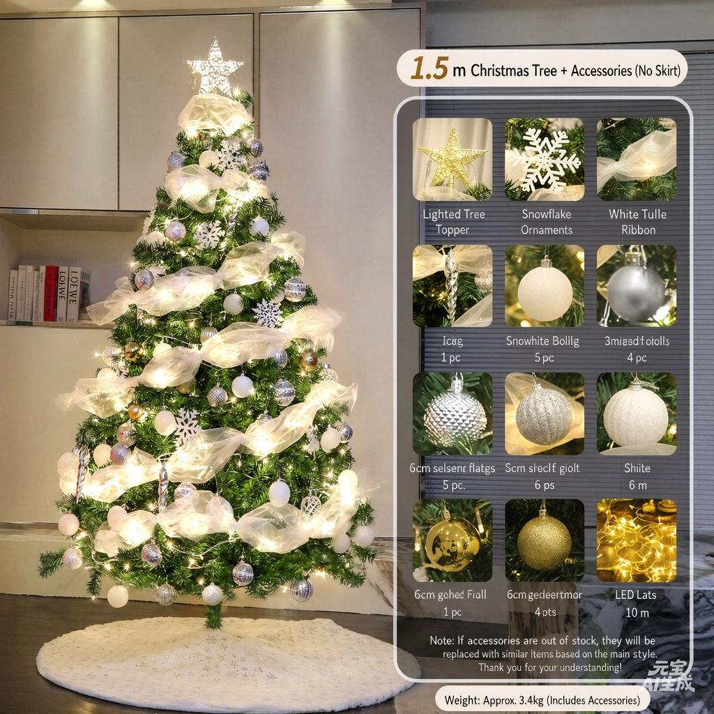Foldable Artificial Christmas Tree Set, White Silver Decorations with LED Lights, 1.2m-1.8m Indoor Xmas Home Ornament