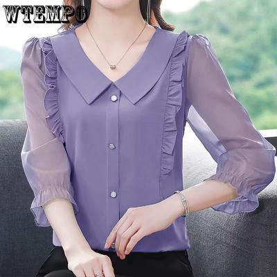 Women's Clothing Elegant Blouses Korean Fashion Solid Long Sleeve Casual Shirts Chic Loose All Match Chiffon Tops