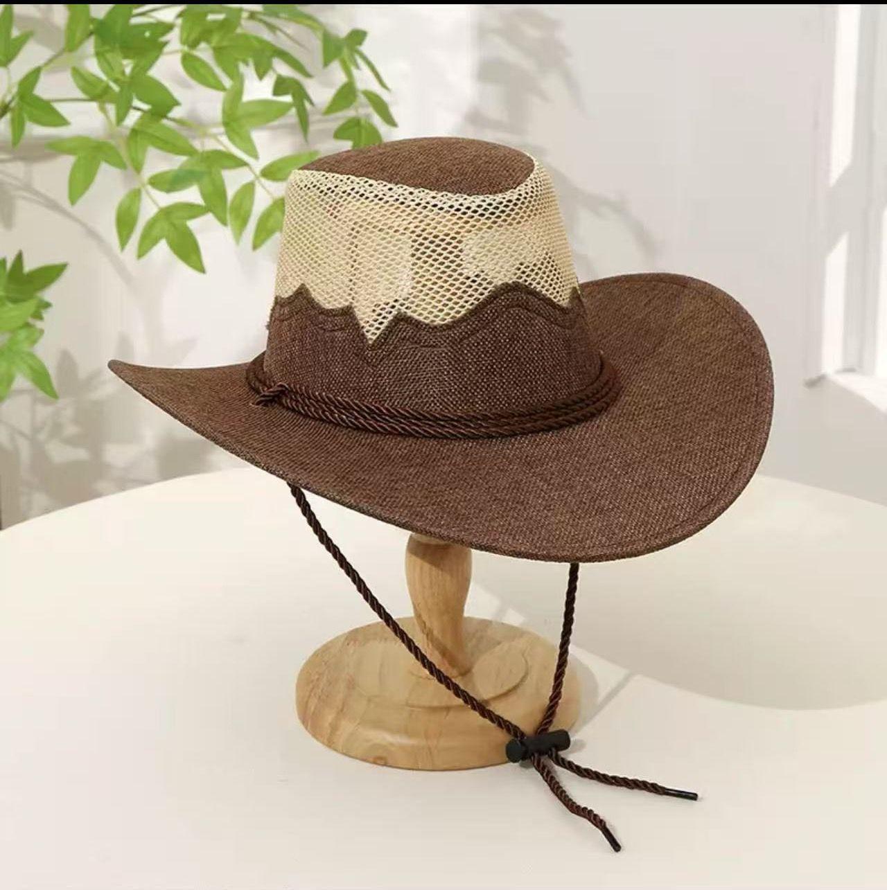 

New Three Rope Western Cowboy Hat Tourist Hat Sunshade Sunscreen Hat Mesh Breathable Linen Men s and Women s Jazz Hat темно-коричневого