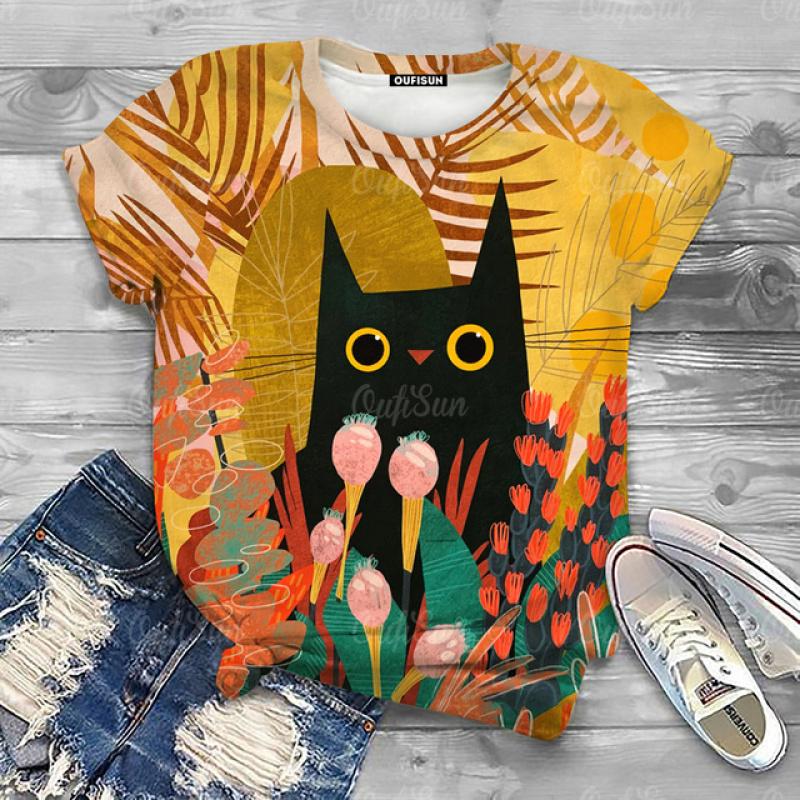Cute Cartoon Cat Print Women's T-Shirts Top Short Pullover Sleeved Fashion Casual Style O-Neck Tee Shirt Female Clothing Summer