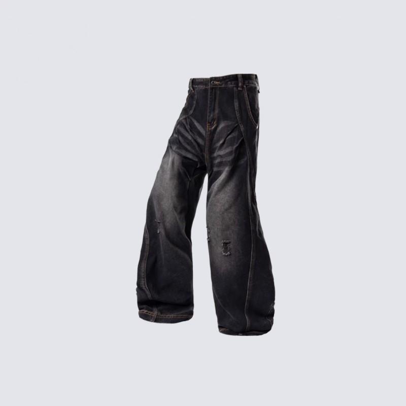 Retro Embroidered Curved Knife Denim Pants Water Washed Distressed Wide Leg Jeans Men Women