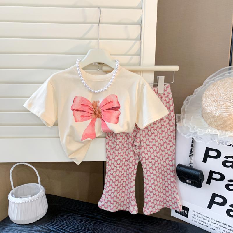 

2024 Girls Summer Bear Butterfly T-Shirt & Flared Pants Set 100cm