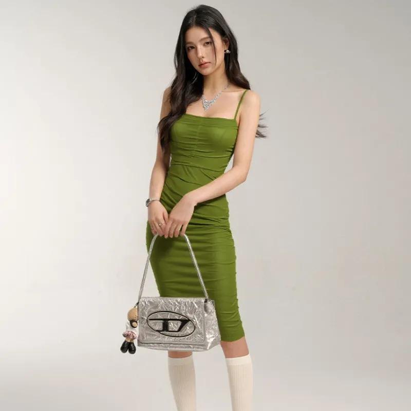 

Women s Ruched Spaghetti Strap Bodycon Midi Dress S зелёный