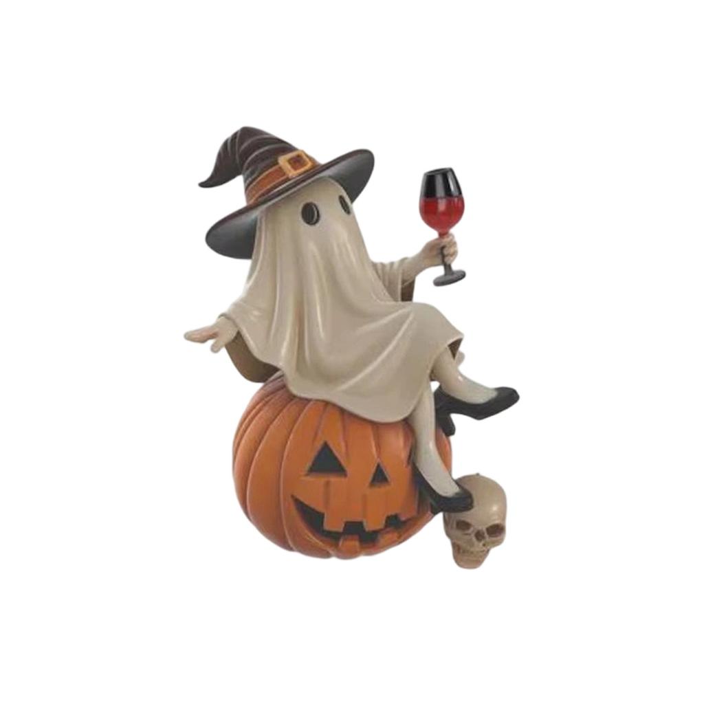 Halloween Harz Geisterstatue sitzt auf Kürbis hält Weinglas Hexenhut Dekoration Innen Außen Saisonale Anzeige