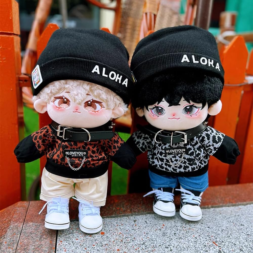 Niannyyhouse 40cm Plush Toy with Leopard Print Stretch Canvas and Accessories Suit, Hat, Hoodie, Shorts, Shoes, (Black)