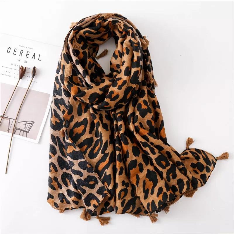 Fashion Black Grey Leopard Dot Tassel Viscose Shawl Lady High Quality Wrap Thick Pashmina Stole Bufandas Muslim Hijab 180*90Cm