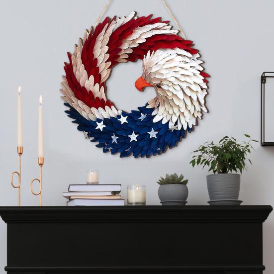 Patriotic Wreath for Front Door Handmade 4th of July Door Hanger Red White Blue American Wooden Hanging Plaque for Wall Porch Memorial Day Decor