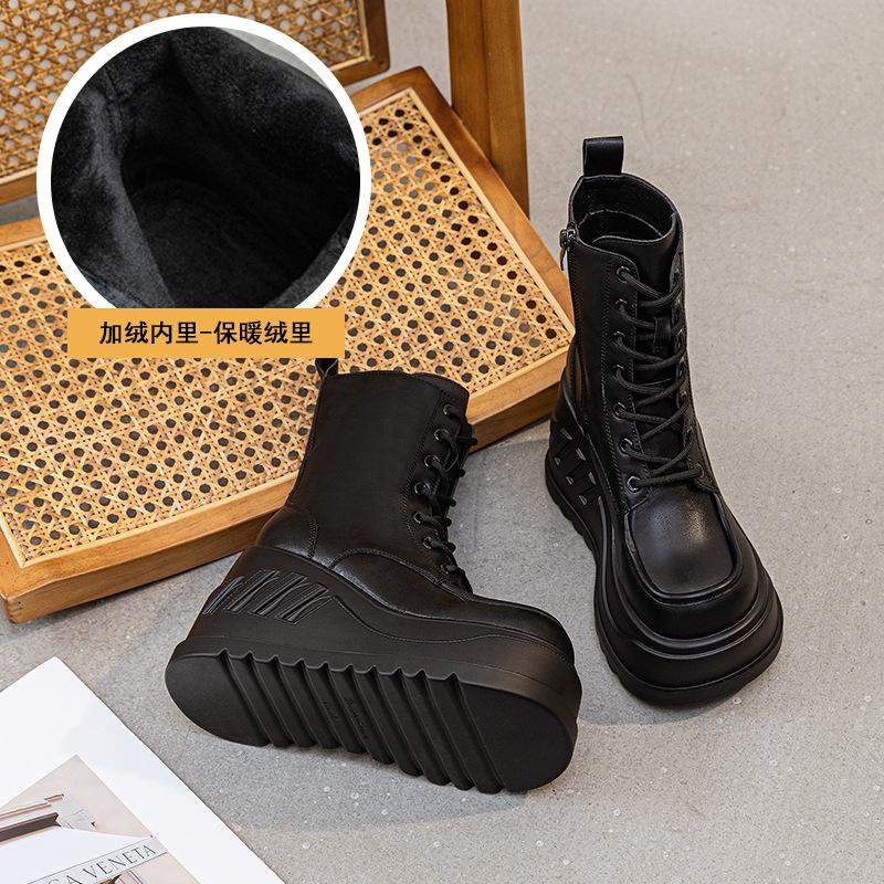 Fashion 10CM Genuine Lather Women Platform Boots British Style Chunky Heel Mid-calf Ladies Boots Autumn White Plush Goth Women Shoes