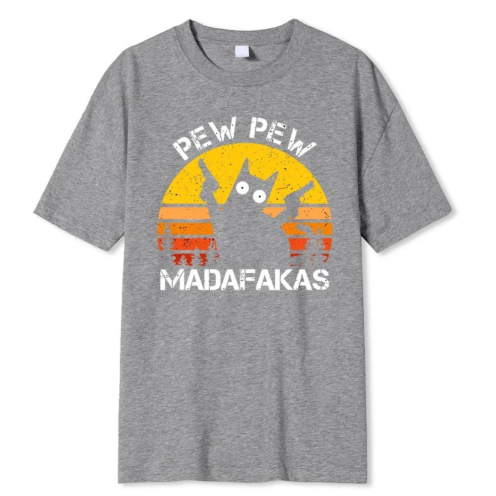 Pew Pew Madafakas Katze mit zwei Pistolen Druck Männer T-Shirts Sommer Baumwolle T-Shirts Atmungsaktiv Lose Kleidung Hip Hop Street Tees