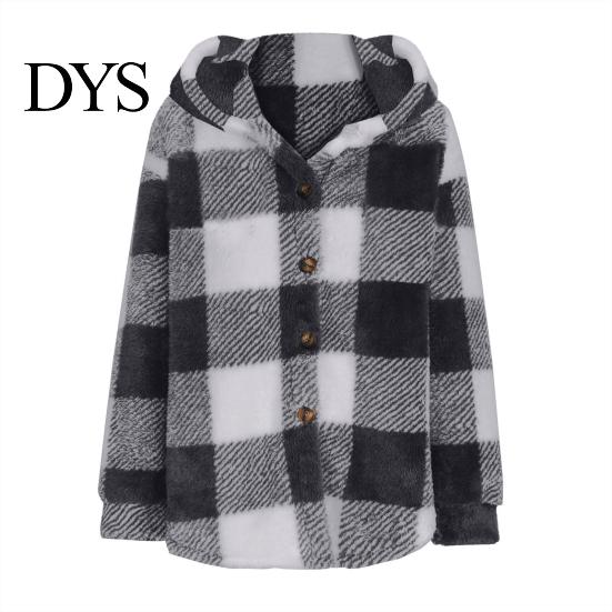 Women Jacket Lady Winter Coat Plush Lined Flannel Conrast Color Plaid Print Design Outerwear Hooded Single-breasted Thick Loose Long Sleeves Casual