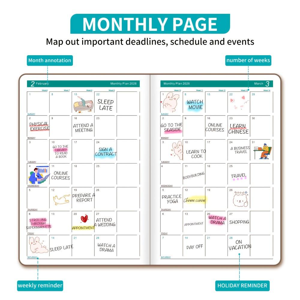 Planerbuch, Selbstdisziplin Kalenderplaner, Wöchentliche & Monatliche Planer-Layouts, 360-seitiger Tagesorganizer, Tragbares Notizbuch