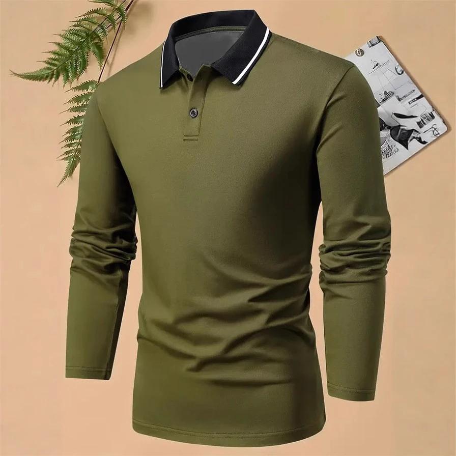Solid Color 2-piece Black Button Men's Long Sleeved Polo Shirt with 3D Digital Printing for Comfortable Spring Hot Outdoor Style