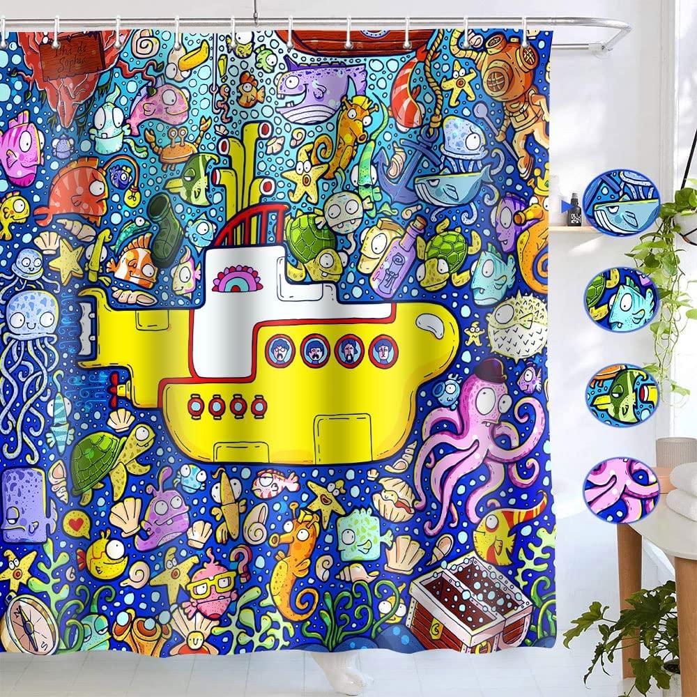 Underwater World Shower Curtain Cartoon Submarine Colorful Marine Life Nautical Sea Animals Life Summer Ocean Theme Bath Curtain