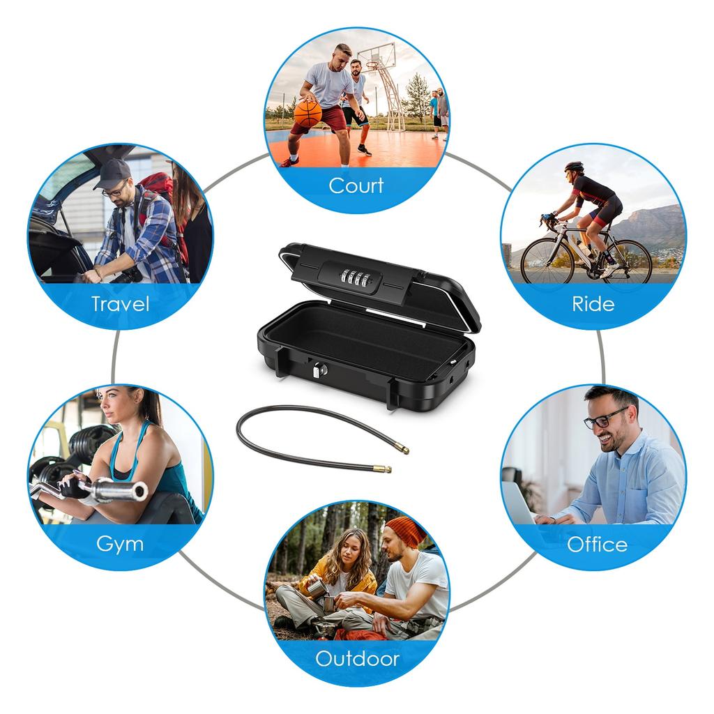 Portable, waterproof, and anti-theft safe that can store money, jewelry, and cell phones. Black.