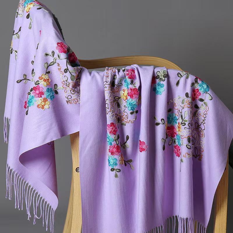 300g Faux Cashmere Embroidered Plum Blossom Scarf, Women's Ethnic Travel Wrap - Warm New Year Holiday Shawl