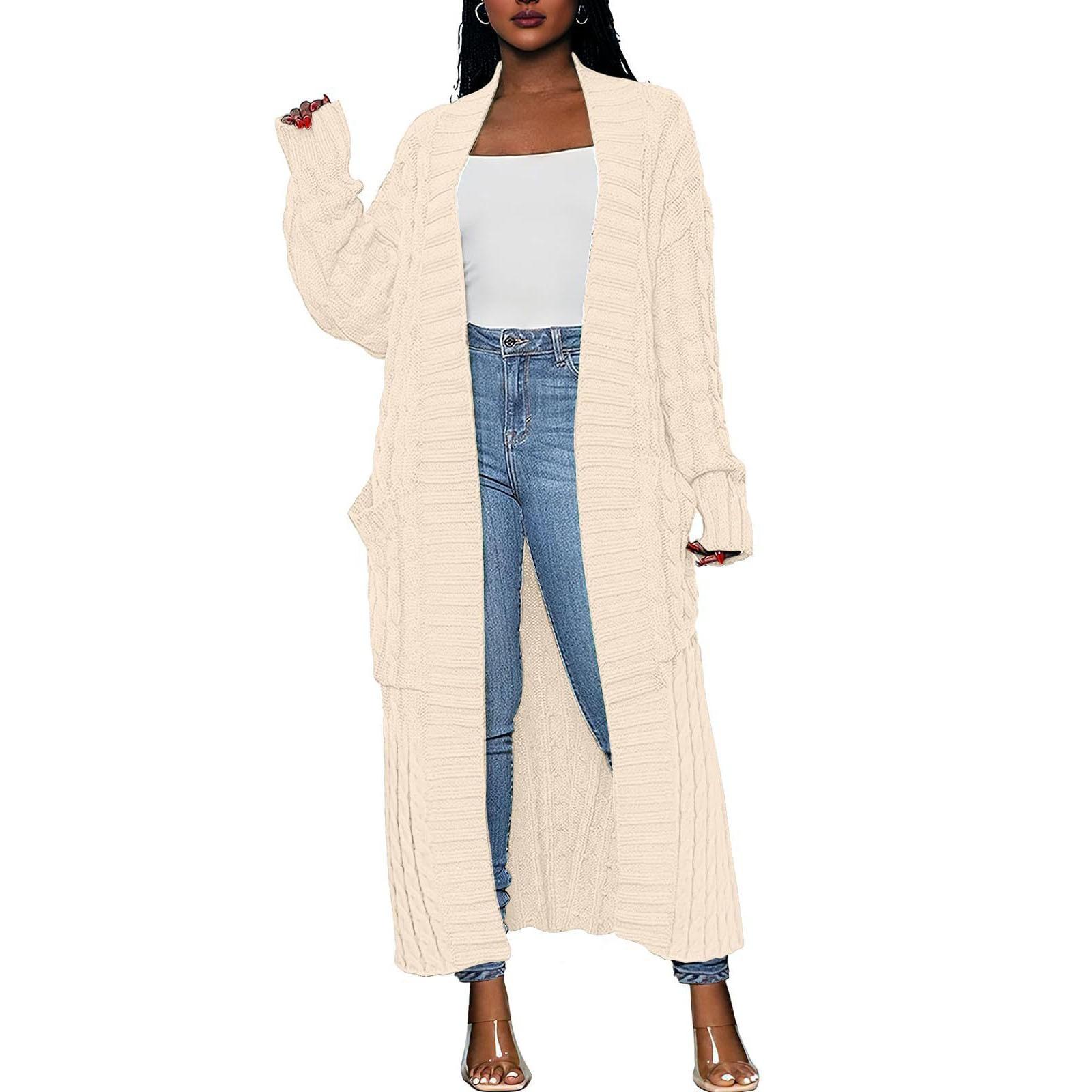 

Женский повседневный однотонный свободный вязаный кардиган с карманами, длинный свитер с переплетениями теста, пальто L бежевый