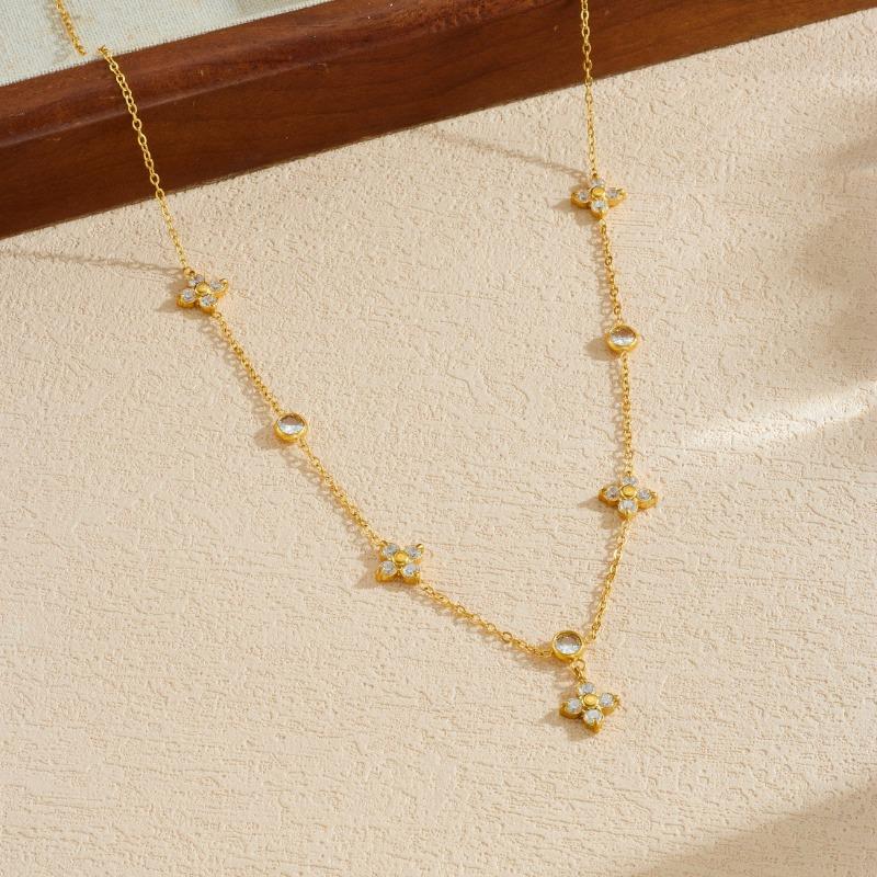 Gold Plated Stainless Steel Four-leaf Flower Crystal Station Necklace for Women