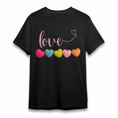 Men's Soft Oversize T-Shirt Pink Love Script Multicolor Hearts Tee Black Cotton