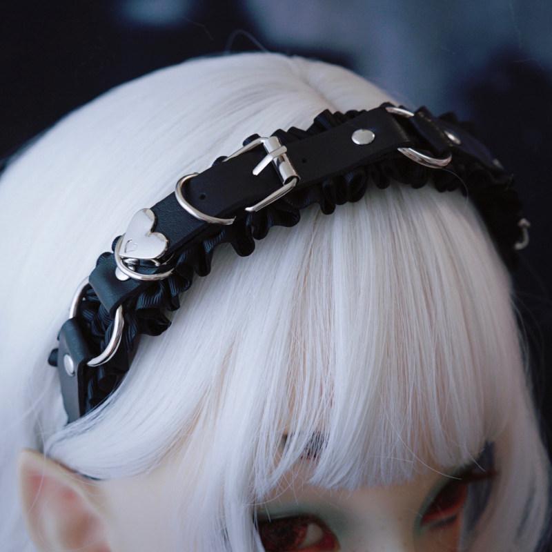 Y2K Headband Hair Accessories for Women Original Handmade Ring Leather Buckle Headband Punk Pleated Headband