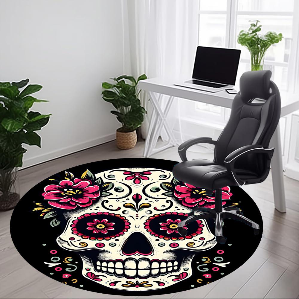 1pc Sugar Skull Flowers Office Round Area Rug, Under Office Chairs Bedroom Living Room Home Decor, Room Deco, Available In Various Sizes