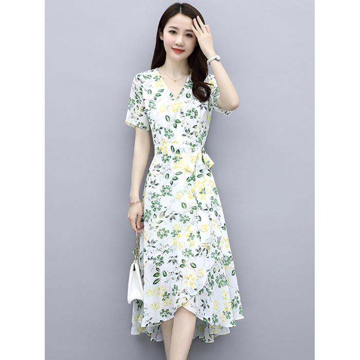 

Floral dress women s summer simple and generous temperament socialite mother feeling skirt M белый