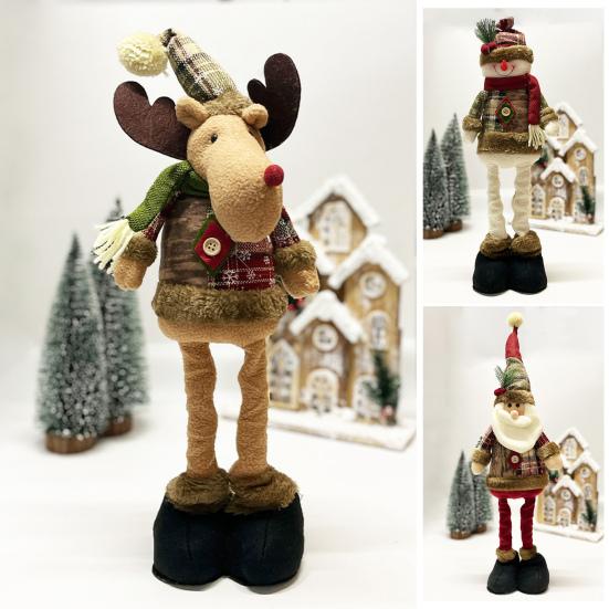 Christmas Plush Doll Plaid Standing Santa Snowman Reindeer Plush Figure with Retractable Legs for Xmas Holiday Party Fireplace Table Decor