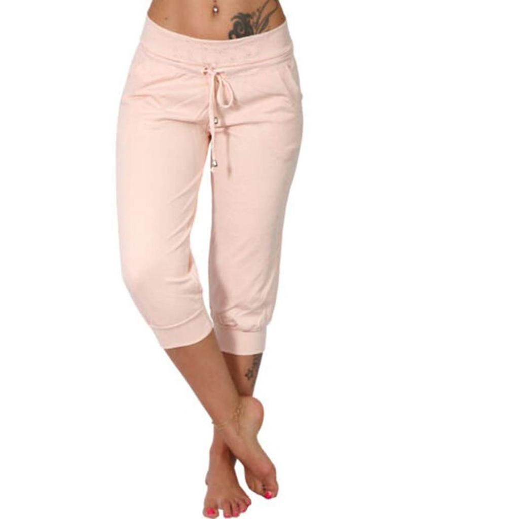 Women Classic Solid Color Jogging Pants Cotton Linen Capris Trousers Bandage Double Pocket Pants Summer Beach Vacation Wear