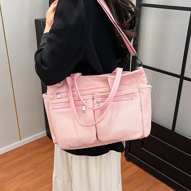 Large Capacity Corduroy Shoulder Bag for Women – Multi-Pocket Tote with Zipper Compartments and Stylish Design
