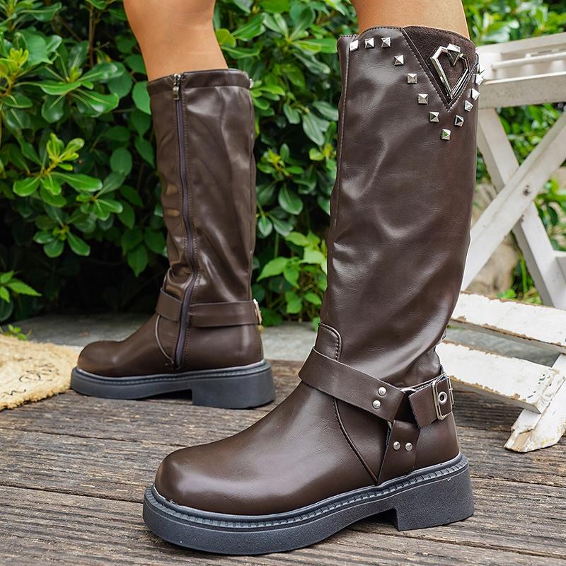 Fashion 2025 Winter Fashion Women's Knight Boots British Style Platform Knee High Boots Woman Rivet Decor PU Leather Motorcycle Booties