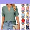 Cotton Blend V Neck T Shirt For Women With Bubble Sleeves And Hollow Pattern For Casual Summer Wear