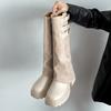 Fashion Fashion Belt Buckle Canvas Patchwork Knee High Boots Women 2025 Autumn Punk Chunky Platform High Heel Knight Long Bota Femininas