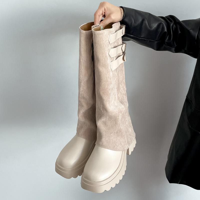 Fashion Fashion Belt Buckle Canvas Patchwork Knee High Boots Women 2025 Autumn Punk Chunky Platform High Heel Knight Long Bota Femininas