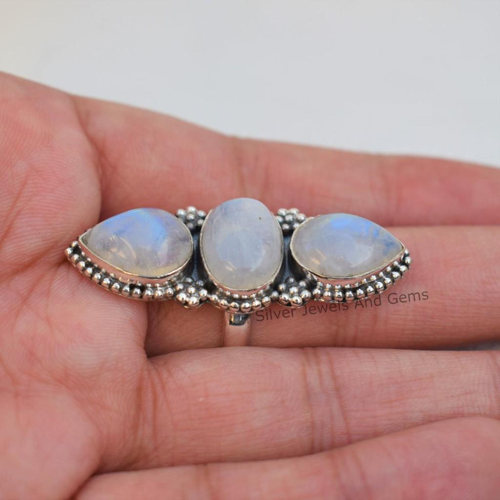 Natural Moonstone Ring, Wedding Ring, 925 Sterling Silver Ring, Oval Teardrop Multi Stone Ring, Blue Fire Moonstone Ring